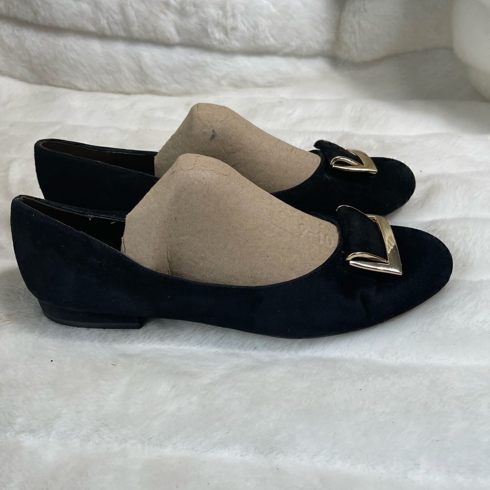 Aerosoles leather suede black slip on flats with gold tone buckle round toe SZ11 - Picture 4 of 10